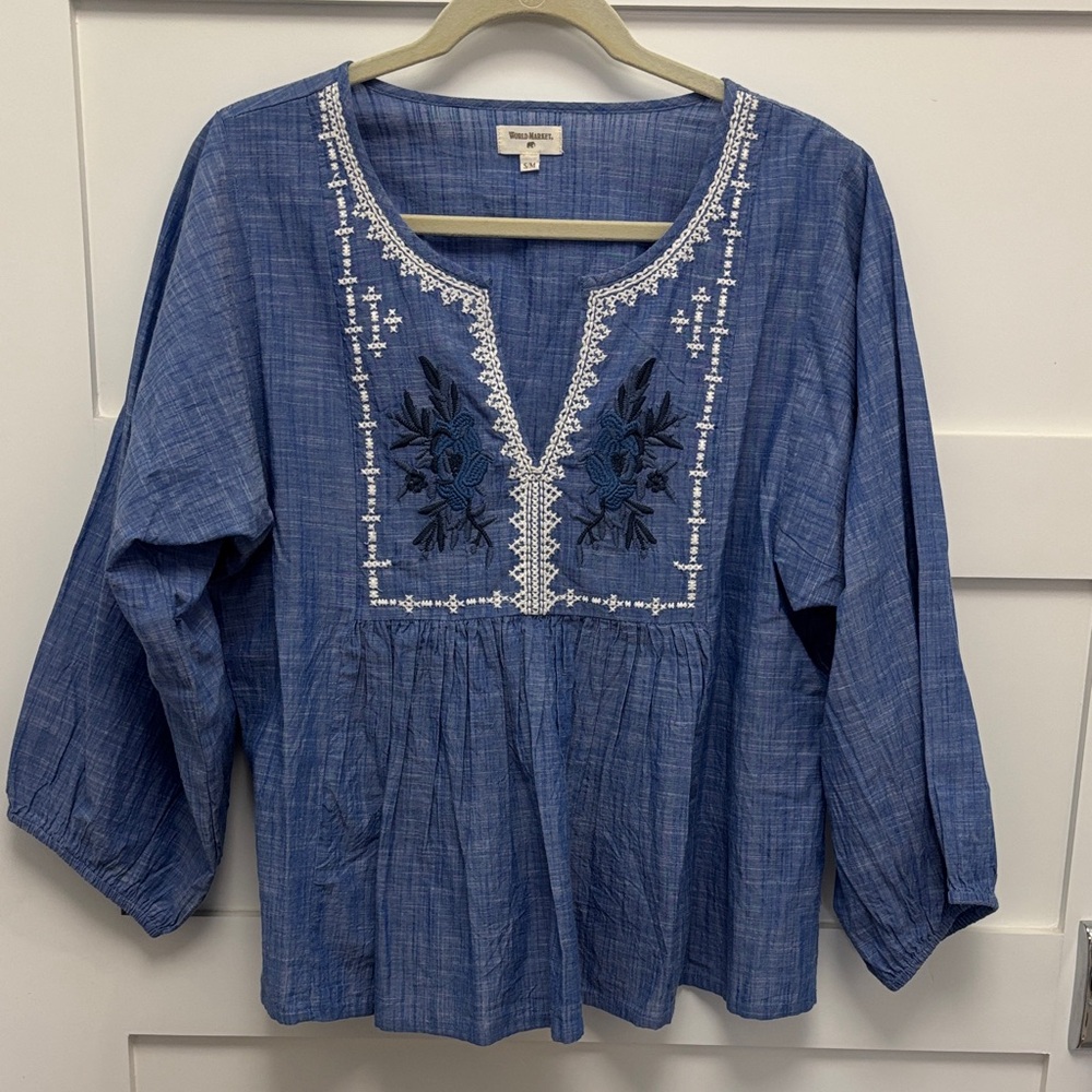 Cost Plus World Market Blue Embroidered Peasant Tunic